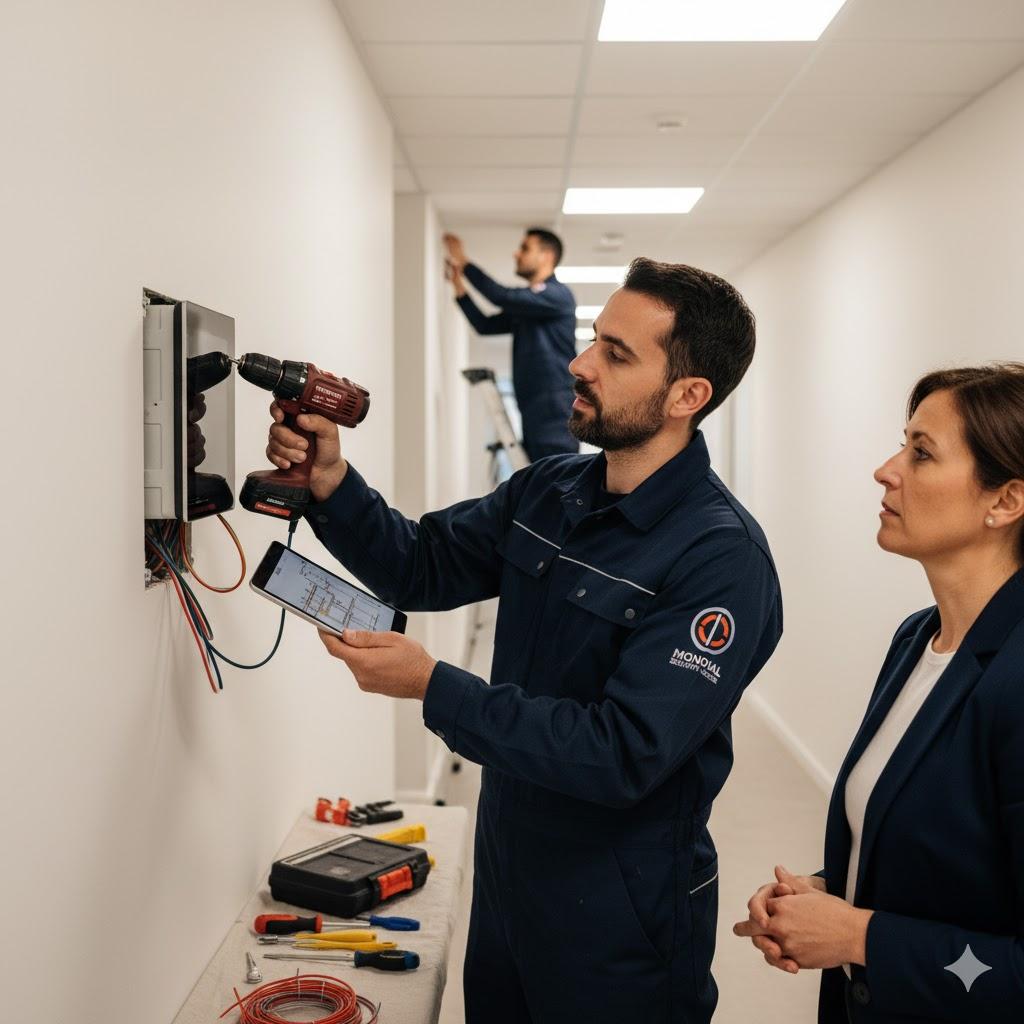 Technicien MSI installant une alarme incendie certifiée dans un local commercial à Paris