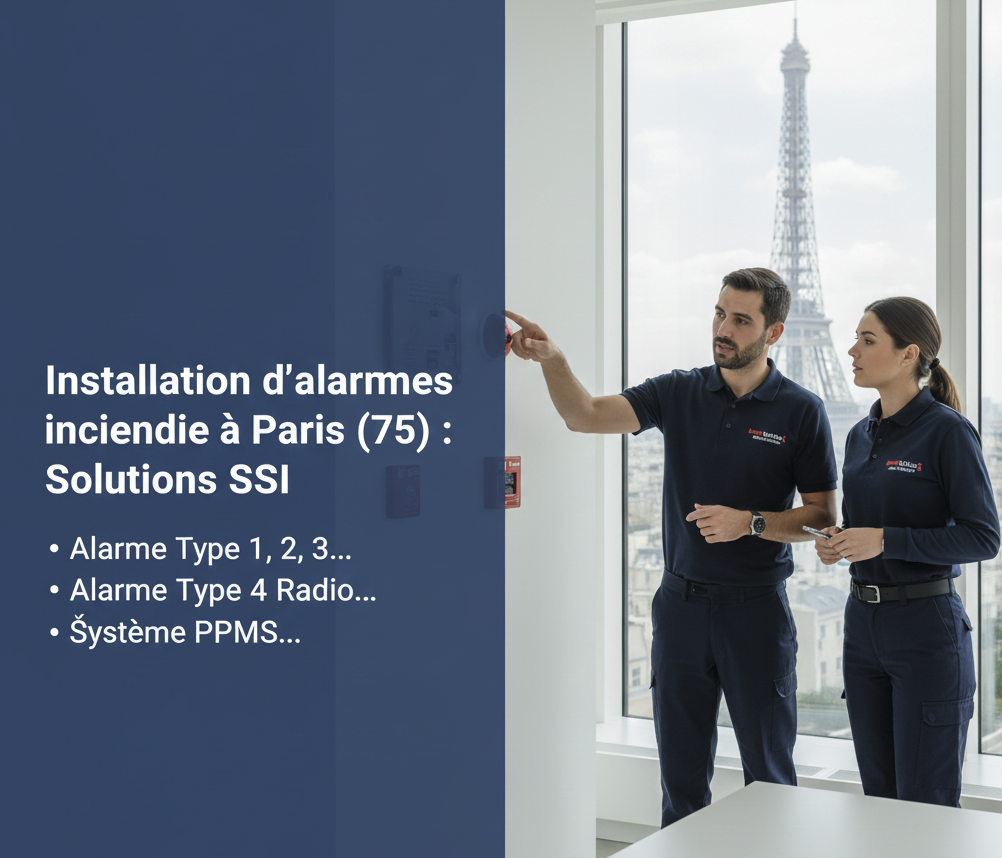 Technicien Mondial Sécurité Incendie effectuant la vérification de mise en service d'une alarme incendie conforme à la norme NF S 61-936.