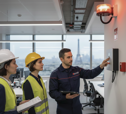 Installation d'une centrale d'alarme incendie SSI type 1 dans un établissement recevant du public à Paris.