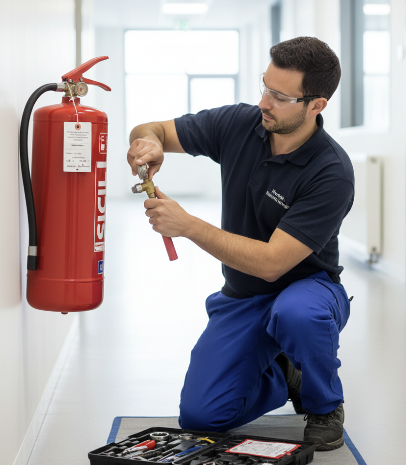 Installation d'un extincteur de marque SICLI certifié NF dans un local professionnel à Paris par un technicien expert.