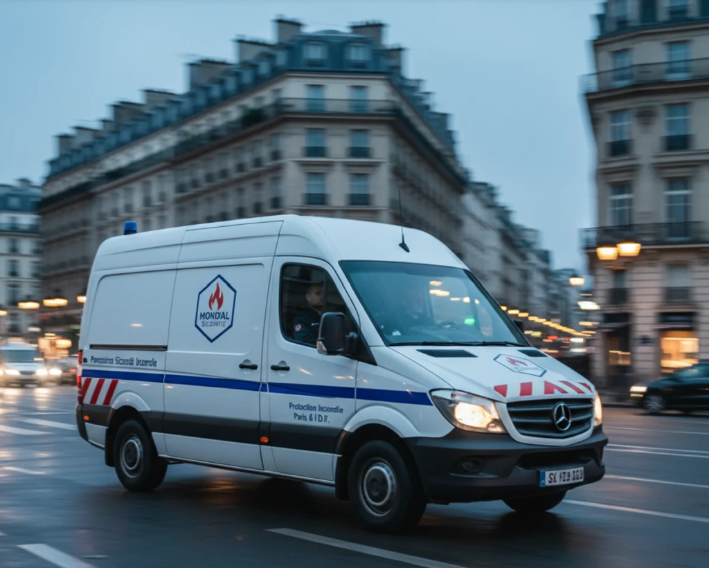 Intervention d'urgence nuit 24h/24 par Mondial Sécurité Incendie : technicien en route pour réparer une centrale d'alarme incendie défectueuse.
