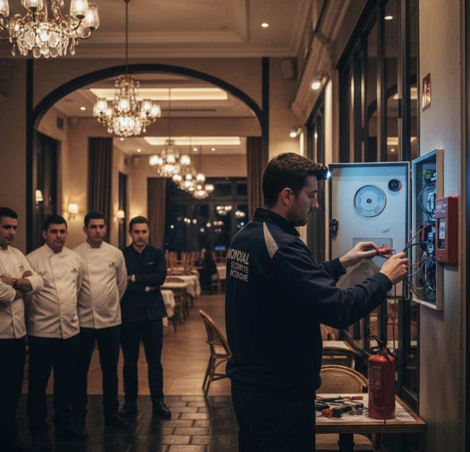 Intervention d'urgence nuit 24h/24 par Mondial Sécurité Incendie dans un restaurant parisien : technicien réparant une centrale d'alarme incendie défectueuse sous le regard du personnel de cuisine.