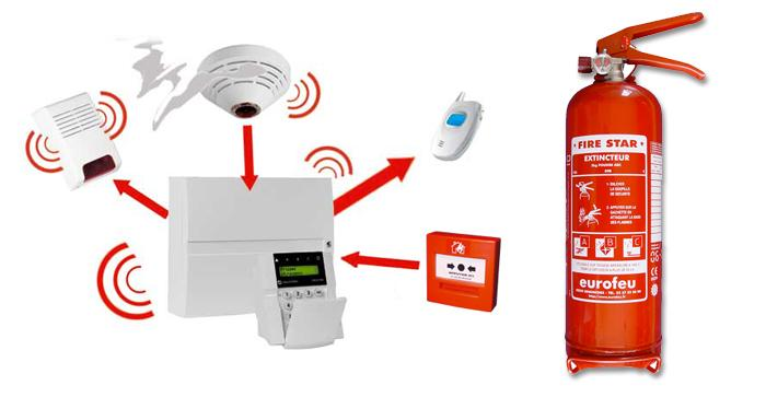 Solutions de sécurité incendie : alarme, détecteurs, déclencheur manuel et extincteur Eurofeu